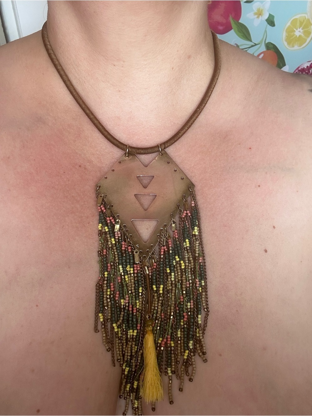 Boho Geometric Brass Seed Bead Fringe Statement Necklace - Earthy Tones